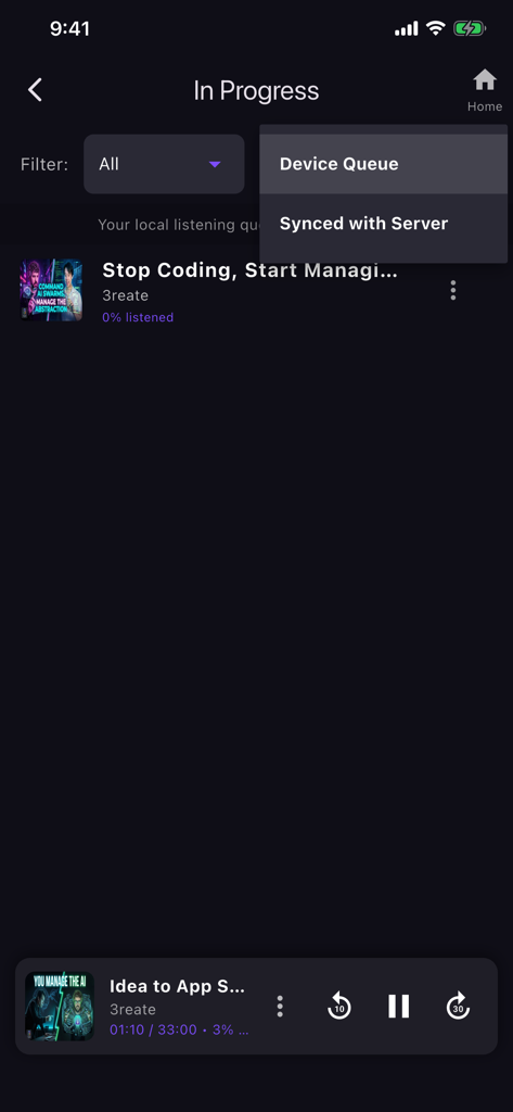 YourPods - YourPods podcast app In Progress screen showing options for Device Queue and Server Sync