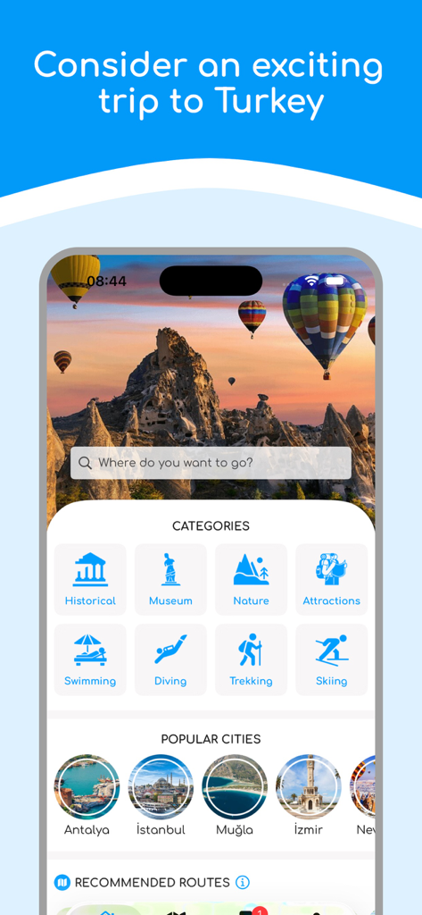 Turkey Travel Guide & Planner - トルコ旅行ガイドアプリのホーム画面。イスタンブールやアンタルヤなどの旅行カテゴリと人気都市が表示されています。