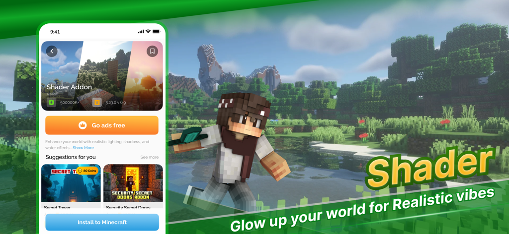 Captura de pantalla que muestra un addon de shaders para Minecraft PE con iluminación realista y efectos de agua.