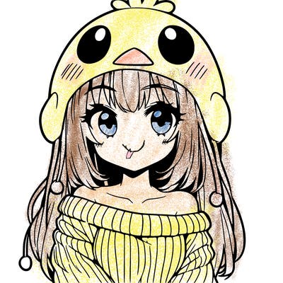 anime girl with chick shaped hat with sweater with bare shoulders with bangs covering them one eye with low tail