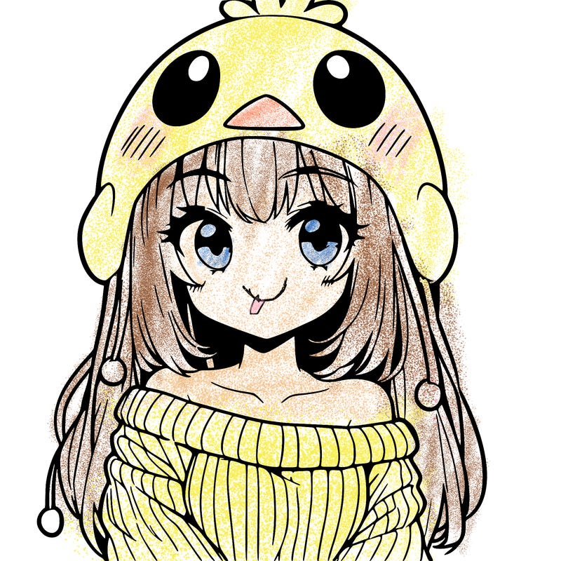anime girl with chick shaped hat with sweater with bare shoulders with bangs covering them one eye with low tail
