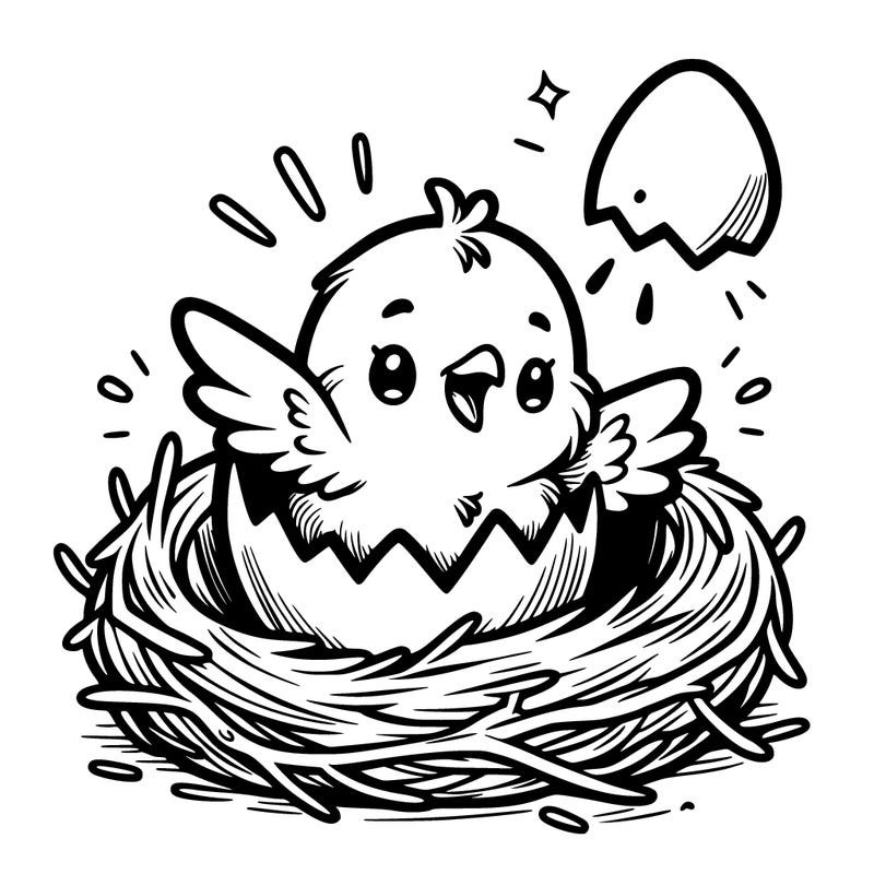 a baby chick hatching from an egg in a nest