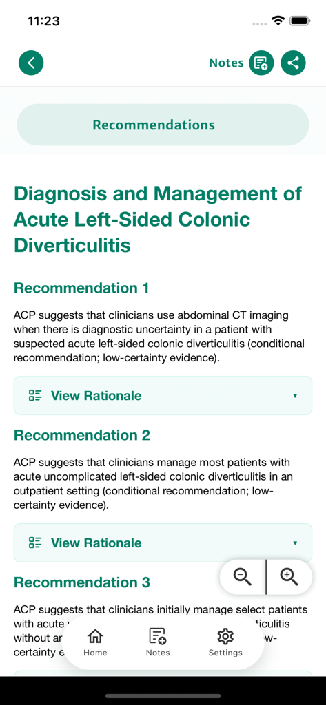 ACP Clinical Guidelines - Mobile app interface showing medical recommendations for the diagnosis and management of acute left-sided colonic diverticulitis