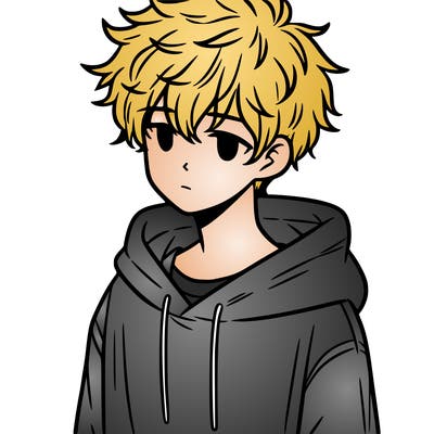 a teenage boy with messy and fluffy hair and a oversized hoodie on