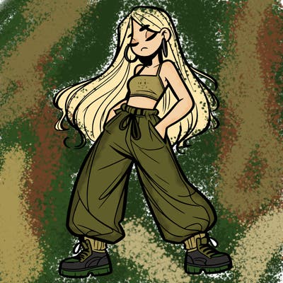 girl in baggy pants crop top and long hair