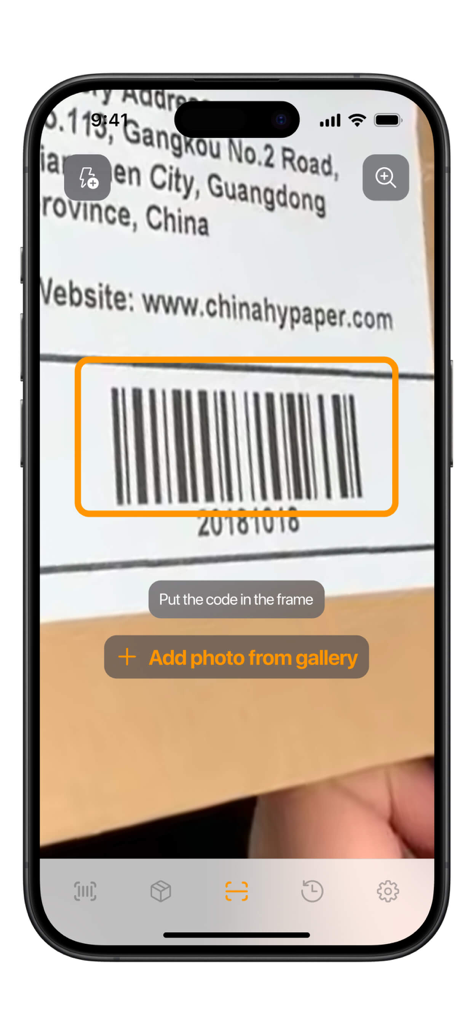 Barcode Scanner & Reader - An iPhone screen showing the real-time barcode scanning feature of the app on a shipping package.