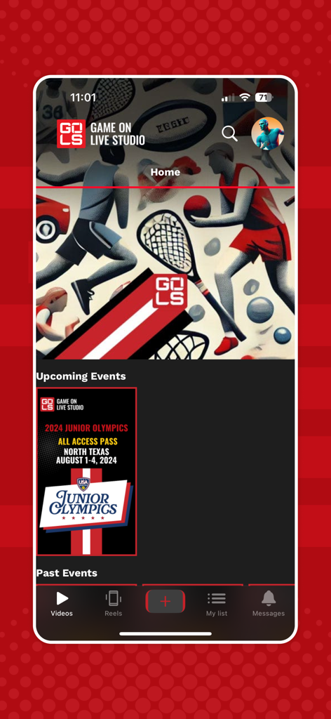 GOLS App - GOLS App home interface showing upcoming sports events and navigation for videos and reels