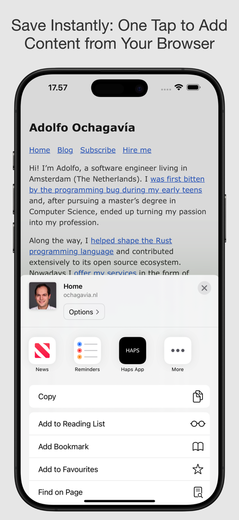 Tela de iPhone mostrando o aplicativo Haps integrado ao compartilhamento do iOS para salvar com um toque em um navegador da web.