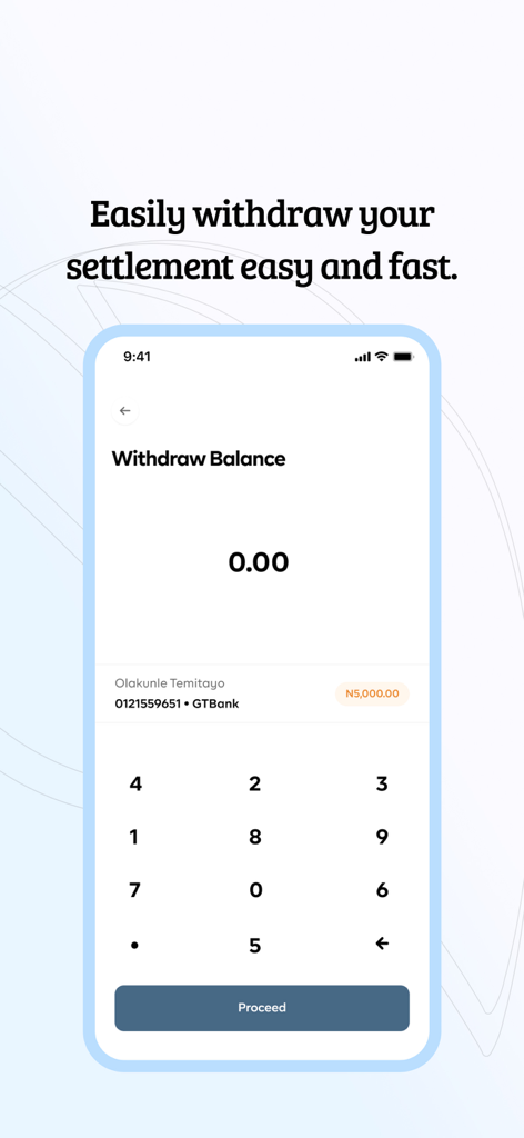 BankBox: PayApp - BankBox PayApp mobile interface showing a withdraw balance screen with a numeric keypad and settlement bank details
