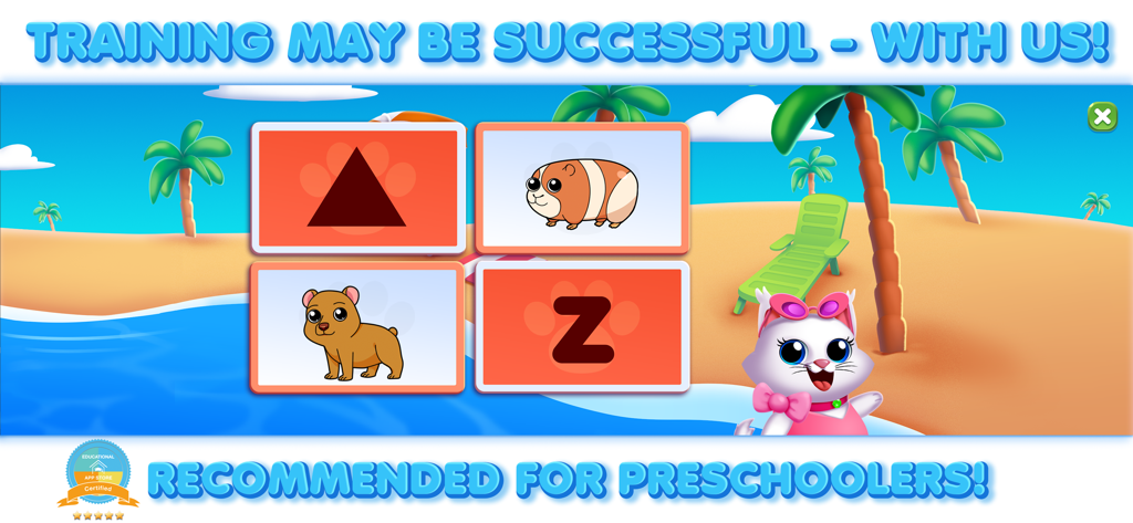 Educational beach themed level for preschoolers with letters and animal cards