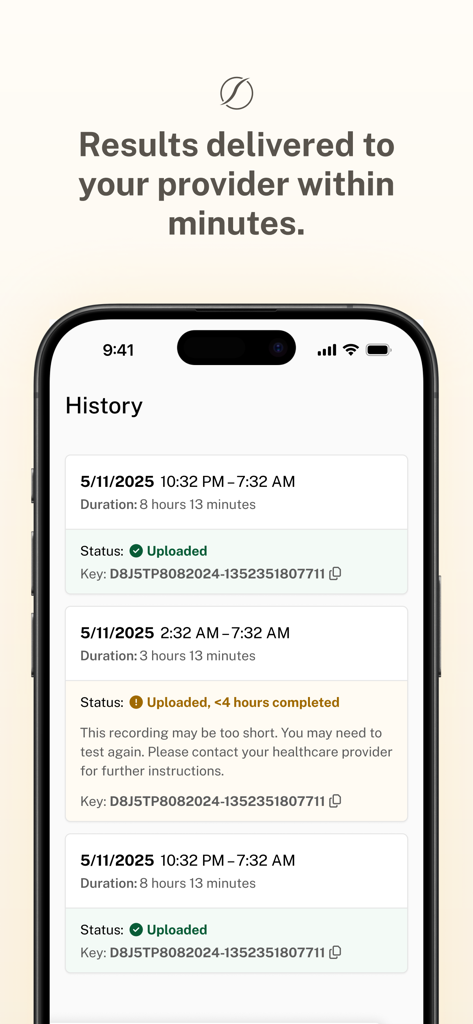 SleepImage app history screen showing a list of sleep study recordings with uploaded status and duration for clinical review