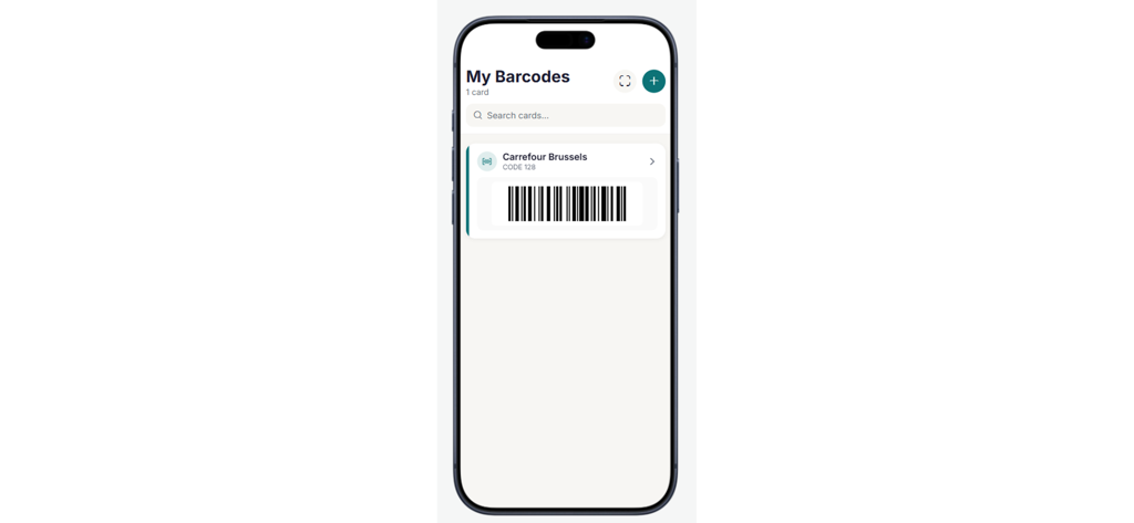 My Barcode Cards - The My Barcode Cards app interface showing a saved loyalty card with its barcode ready for scanning.