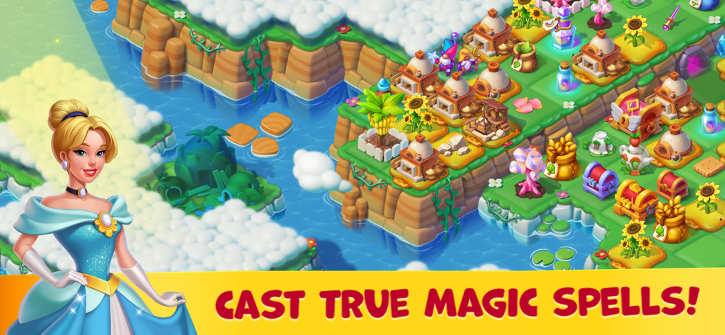 Fairyland: Merge & Magic - Fairytale princess next to a magical merge island with the text Cast True Magic Spells