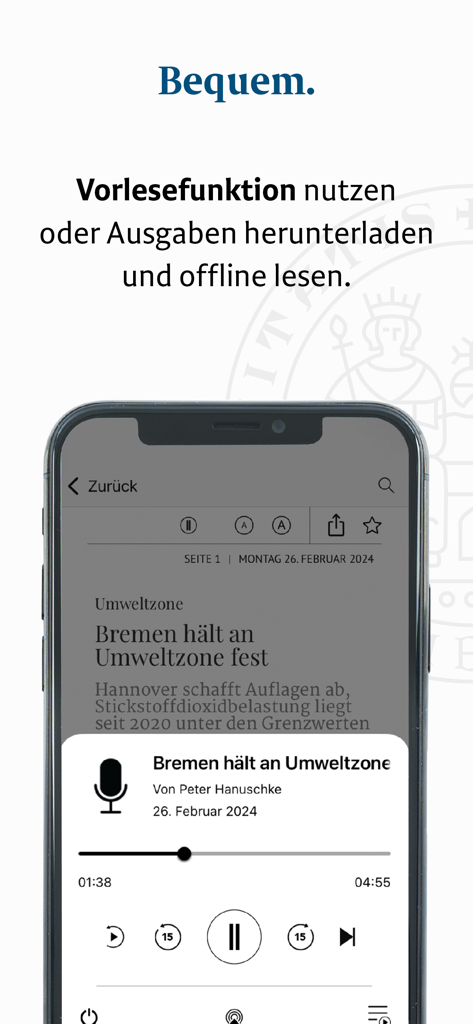 WESER-KURIER E-Paper - L'application WESER-KURIER E-Paper affichant la fonction de lecture à voix haute et le mode de lecture hors ligne sur un smartphone