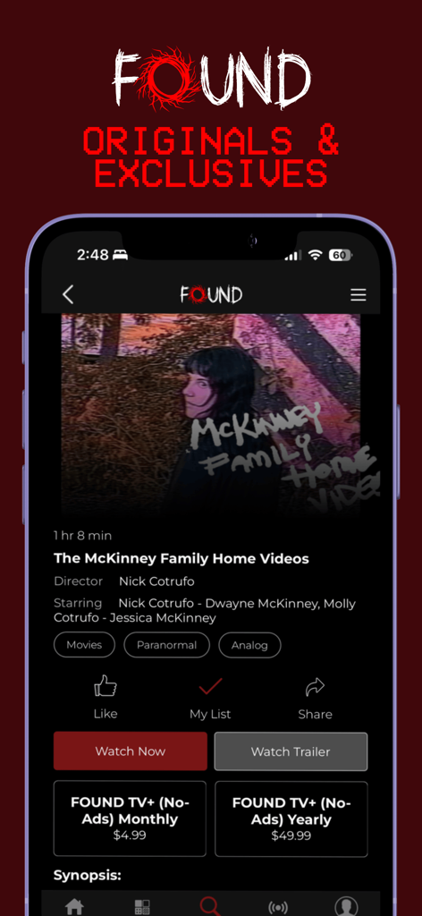 Interfaz de la aplicación de transmisión de horror Found TV mostrando detalles de una película de metraje encontrado.