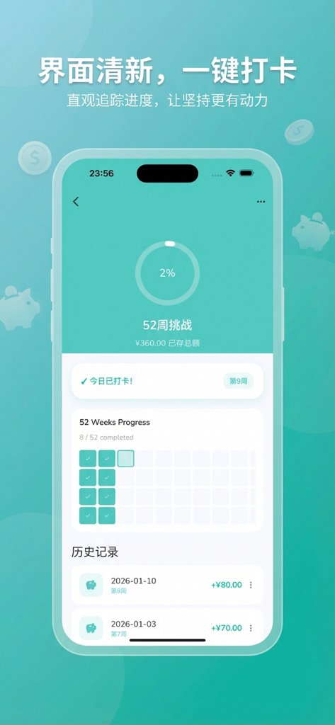 小青存钱打卡-记账理财好帮手 - Un écran d'application mobile montrant un défi d'épargne de 52 semaines avec un cercle de progression et une grille d'achèvement dans un design bleu sarcelle minimaliste