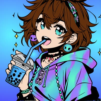 hot baddie anime girl drinking boba and biting the straw