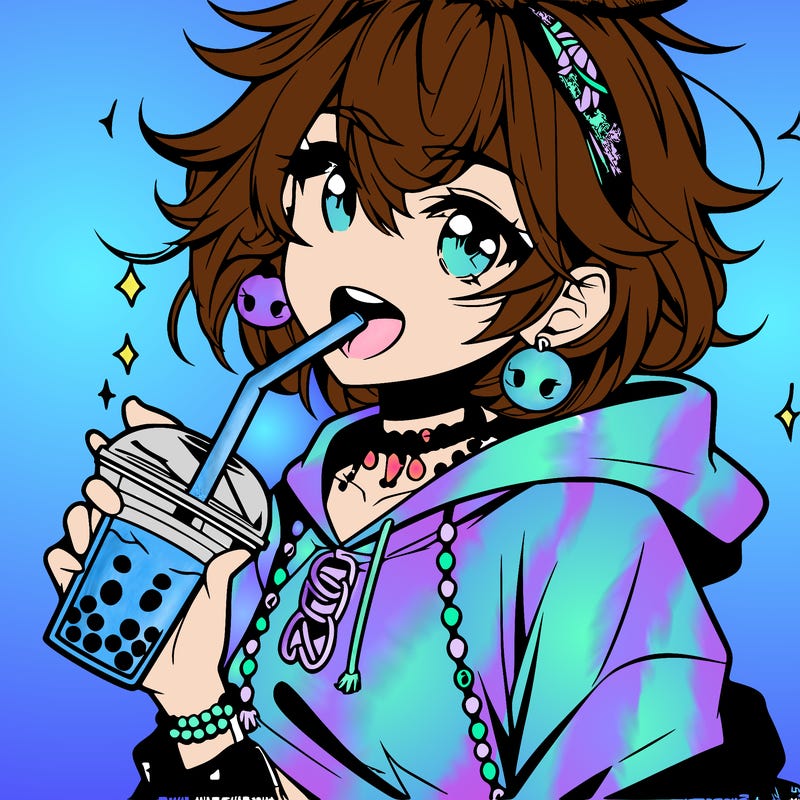 hot baddie anime girl drinking boba and biting the straw