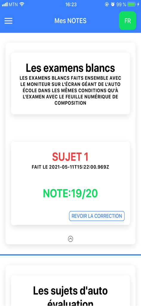 Mock exam results screen showing a grade of 19 out of 20