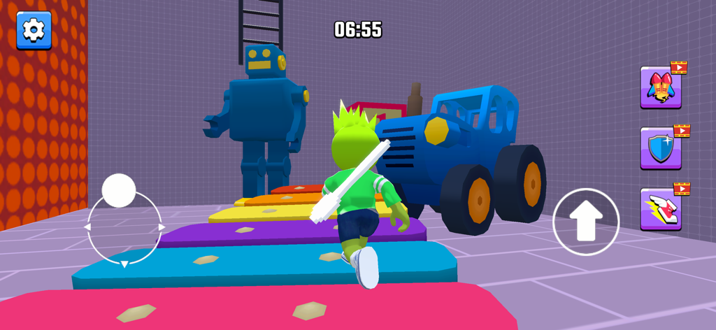 Great Escape Run - Un personaje verde corre sobre un puente de colores arcoíris pasando un robot azul y un tractor en el juego móvil Great Escape Run.