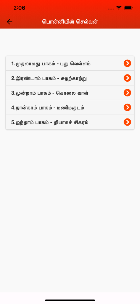 Ponniyin Selvan 5 Audio Ofline - A menu list displaying the five volumes of the Ponniyin Selvan audiobook in Tamil