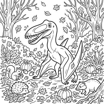 Embark on a prehistoric journey through a vibrant autumn forest with this captivating Dsungaripterus coloring page. Featuring a unique pterosaur amidst falling leaves and friendly woodland creatures, it's a perfect blend of natural history and seasonal charm.