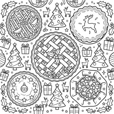 Indulge in the sweet joy of the season with this delightful Christmas-themed coloring page. Featuring an array of beautifully detailed pies and tarts surrounded by festive holiday elements, it's perfect for spreading cheer.