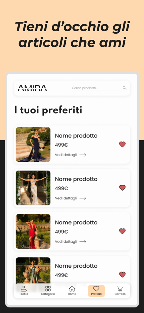 Amira couture - Favorites list in the Amira couture app showing high-end dresses.