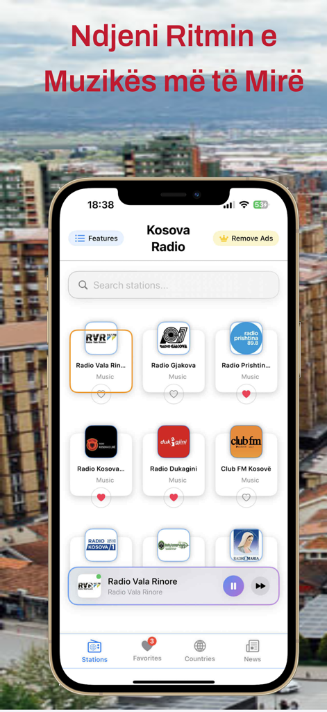 Smartphone screen showing the Radio Kosova Live FM app interface with a list of Kosovar radio stations