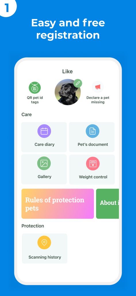 WAUDOG Smart ID - WAUDOG Smart IDアプリのインターフェース。ペットのプロフィールとケア管理機能を表示しています