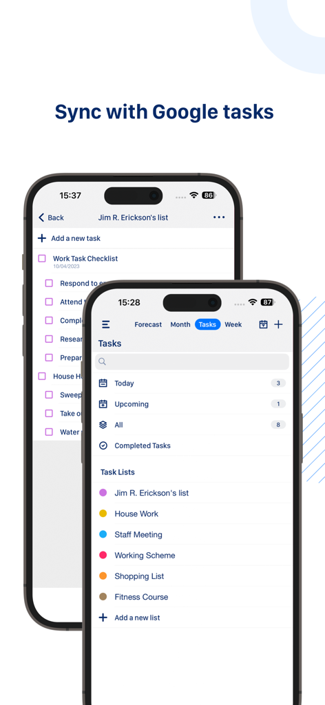 Tiny Calendar Pro - Interfaz de Tiny Calendar Pro en iPhone que muestra la integración de Tareas de Google y listas de tareas organizadas.