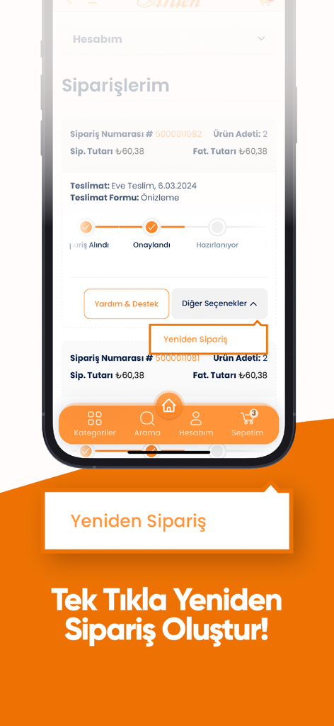 Arden Market - Schermata dell'app mobile Arden Market che mostra la cronologia degli ordini e la funzione di riordino con un clic