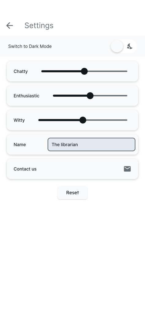 The Librarian - AI personality customization sliders in the librarian app settings