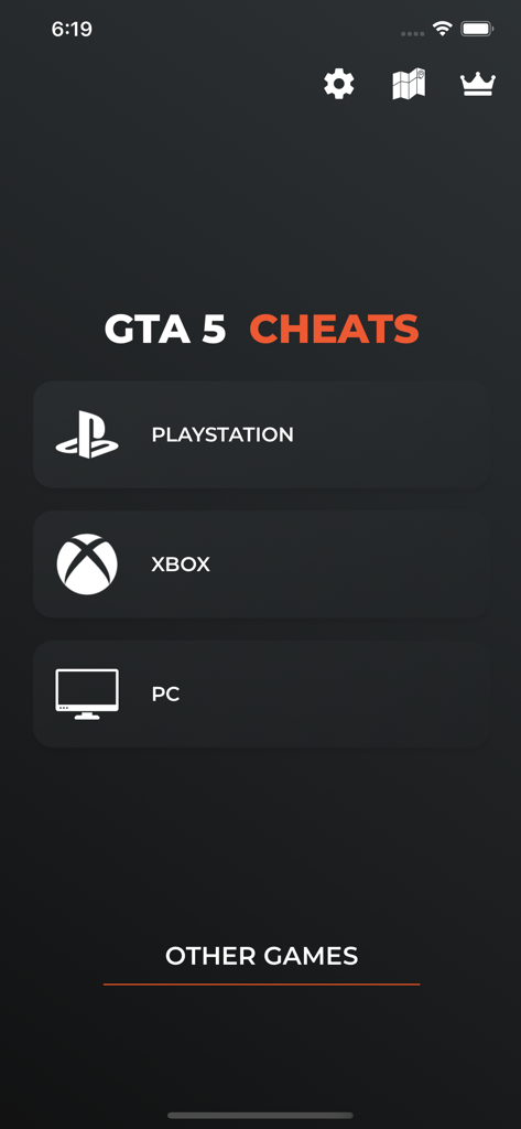 GTA 5 cheats app home screen with navigation buttons for PlayStation Xbox and PC