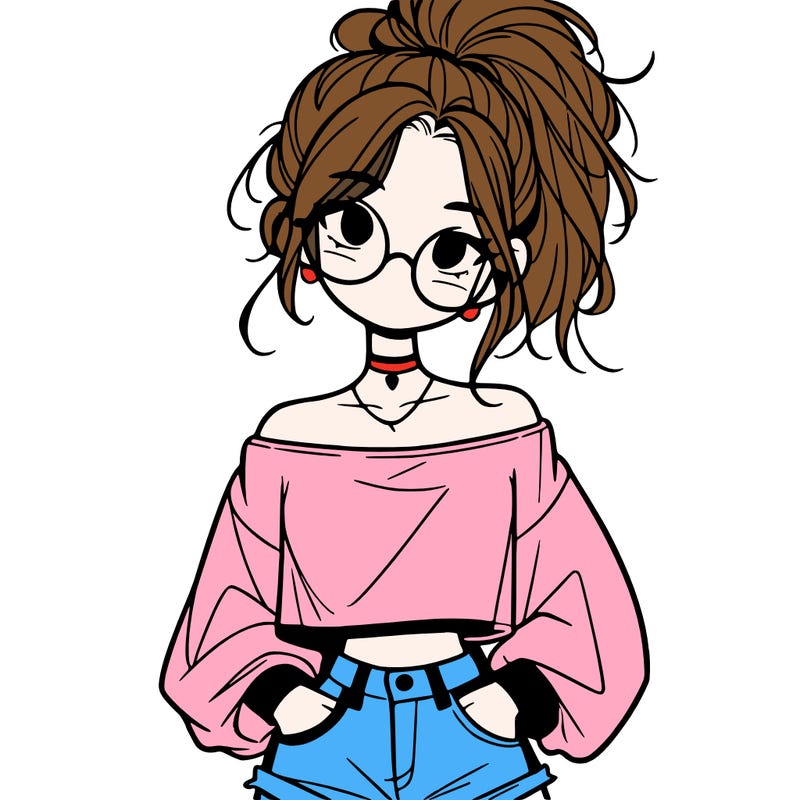 girl with a messy ponytail glasses a baggy crop top and jean shorts