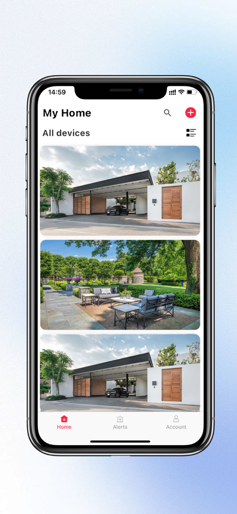 Dashboard dell'app di sicurezza domestica Veesky che mostra più flussi live di telecamere di sicurezza per il monitoraggio domestico