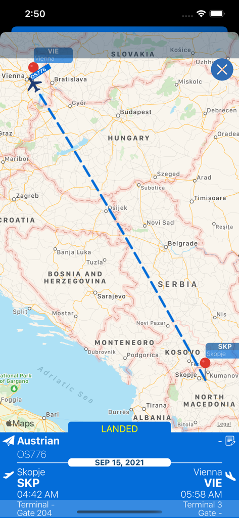 Flugradar-Karte, die die Route von Skopje nach Wien zeigt