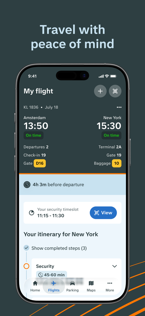 Schiphol Amsterdam Airport - スキポールアプリのインターフェース。アムステルダムからニューヨークへのリアルタイムフライト情報、セキュリティタイムスロット、パーソナライズされた旅程を表示。