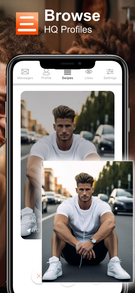 NextBoy - Gay Chats & Dating - Interfaz de la aplicación NextBoy mostrando un perfil de alta calidad de un hombre sentado en la calle mientras navega en modo de deslizamiento