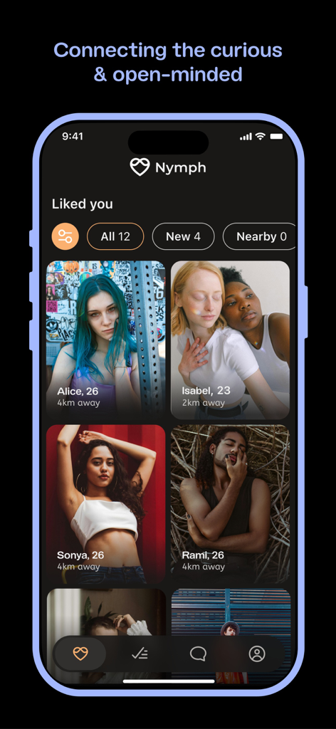 Interface of the Nymph dating app displaying a grid of user profiles who liked the user
