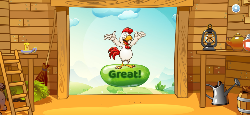 A cheerful cartoon chicken celebrating on a green Great button inside a wooden barn.