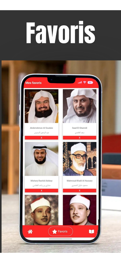 Coran Mp3 Kamil - Pantalla de smartphone que muestra la lista de favoritos de recitadores del Corán en la aplicación Corán Mp3 Kamil