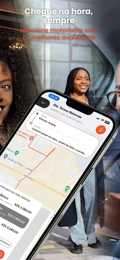 POPÖ - POPÖ ride-hailing app interface showing a map route and ride prices in Luanda Angola