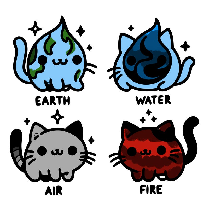 4 cats that represent the different elements, earth, water, air, and fire