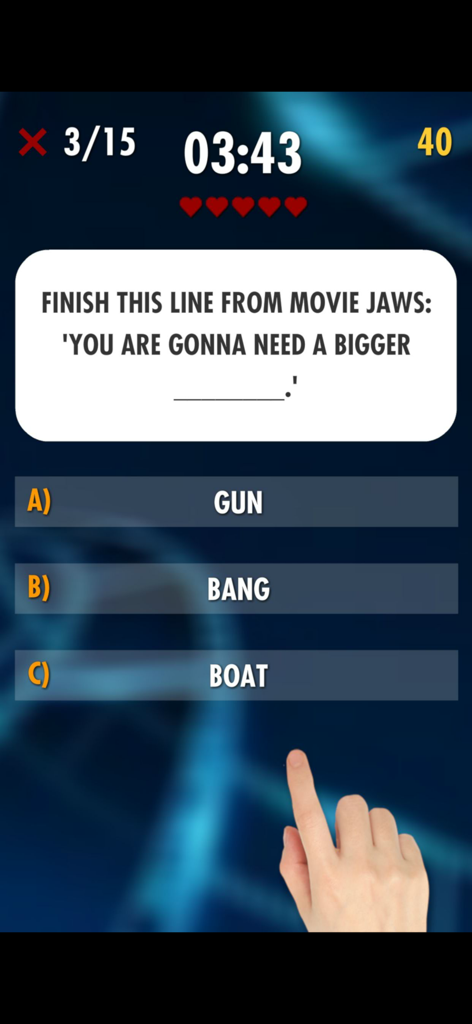 Ultimate Movie Quiz (2025) - Trivia question about the movie Jaws in the Ultimate Movie Quiz game interface.
