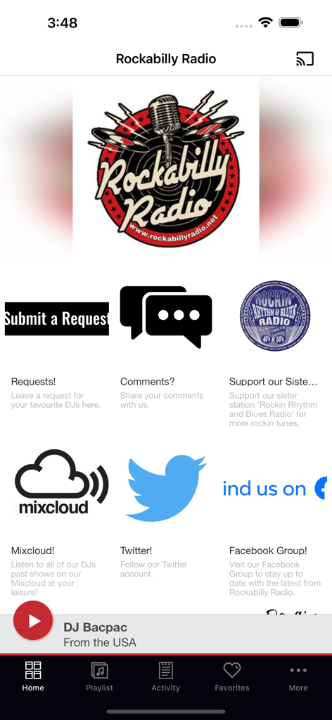 Rockabilly Radio - Schermata principale dell'app Rockabilly Radio con link ai social media e un lettore musicale dal vivo