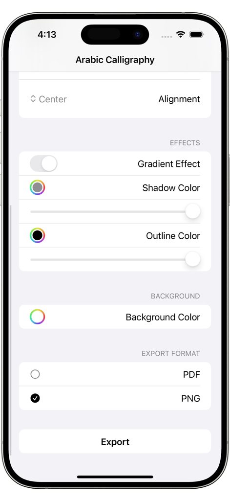 Interface of the ArabiKhat app showing calligraphy design options including alignment effects background colors and export formats for PDF and PNG