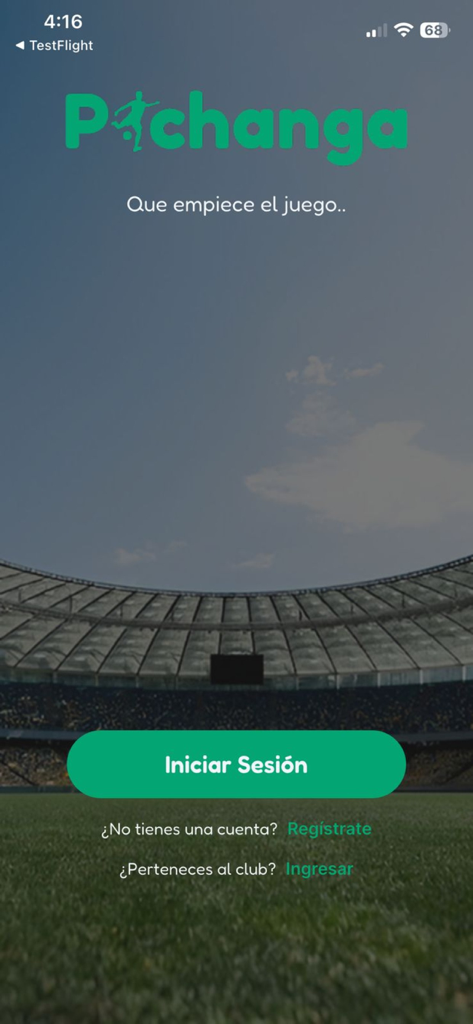 Pichanga App - Login screen of the Pichanga soccer app featuring a stadium background and a green sign-in button