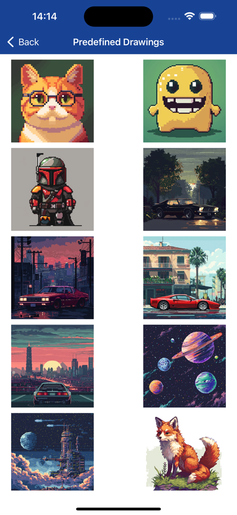 Pixel Art - 8 Bit Painter - Galerie vordefinierter Pixelkunstzeichnungen in verschiedenen Stilen, einschließlich Tiere, Fahrzeuge und Landschaften