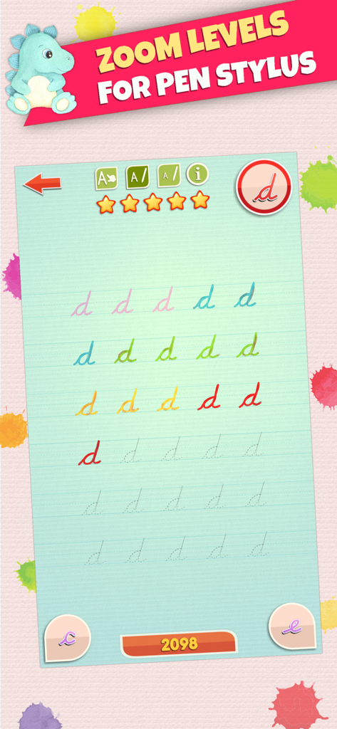 LetraKid PRO - Cursive Writing - LetraKid PRO app screen showing cursive letter d writing practice on lined paper